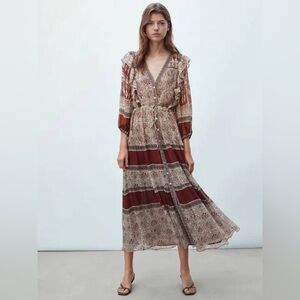 Massimo Dutti Boho Floral Maxi Dress Ruffle Tie Neck Flowy Festival Vacation
